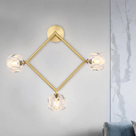 Contemporary 3-Head Brass Wall Sconce With Modo Crystal Shade - Ring/Square Light Fixture / A