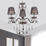 Contemporary 3-Head Grey Crystal Candelabra Chandelier With Fabric Shade - Ceiling Suspended