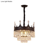 Contemporary 4-Bulb Black Pendant Chandelier With Crystal Droplet - Crown Shape Metal Suspension