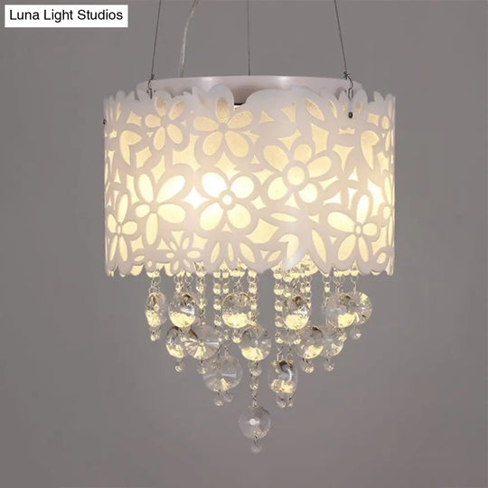Contemporary Metal Chandelier With White Drum Shades And Crystal Droplets - 4-Headed Lighting