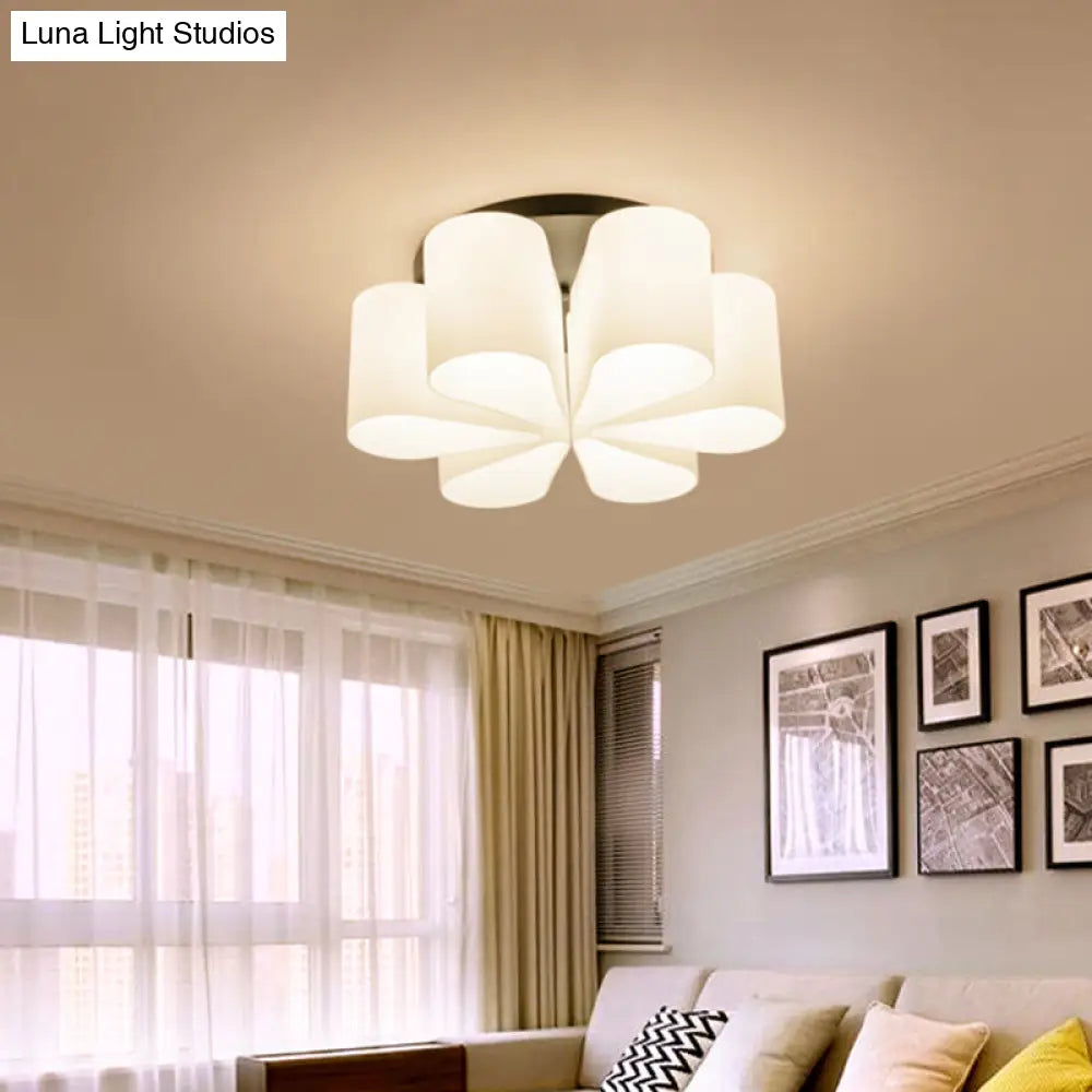 Contemporary 6-Head Black Flush Mount: Flower Milk White Glass Lighting For Living Room