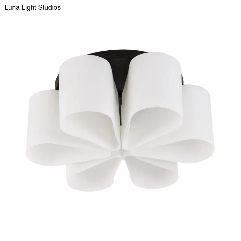 Contemporary 6-Head Black Flush Mount: Flower Milk White Glass Lighting For Living Room