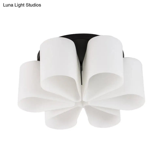 Contemporary 6-Head Black Flush Mount: Flower Milk White Glass Lighting For Living Room