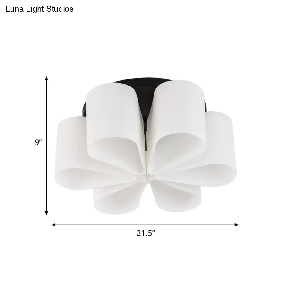 Contemporary 6-Head Black Flush Mount: Flower Milk White Glass Lighting For Living Room