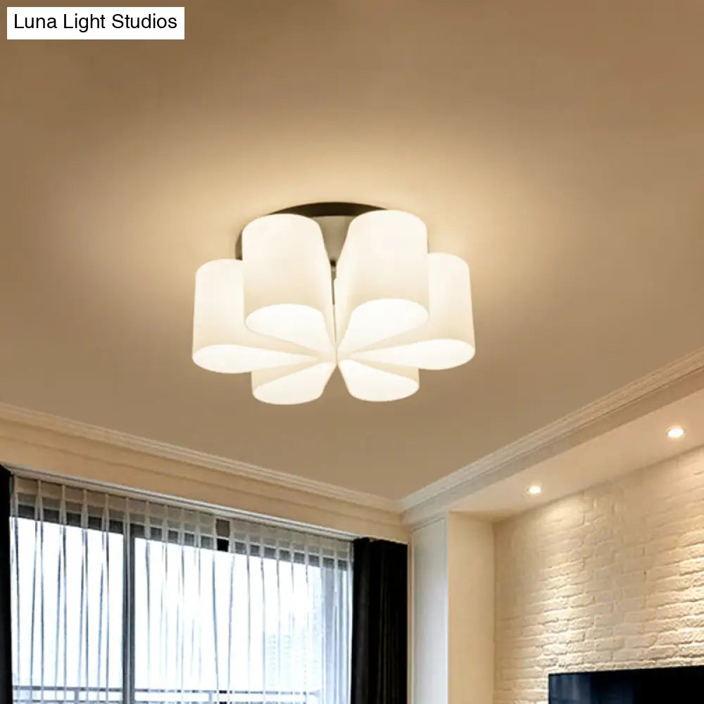 Contemporary 6-Head Black Flush Mount: Flower Milk White Glass Lighting For Living Room
