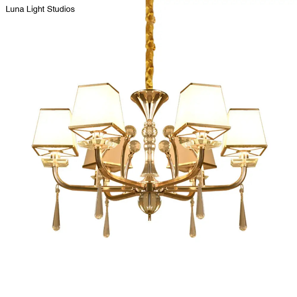 Contemporary 6-Head White Glass Chandelier - Pyramid Bedroom Pendant With Crystal Accents
