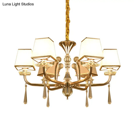 Contemporary 6-Head White Glass Chandelier: Pyramid Crystal Pendant For Bedroom