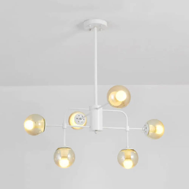Contemporary 6-Light Hanging Chandelier With Glass Orb Shades - Black/White Finish White