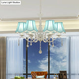 Contemporary 6-Light Pink/Blue Scalloped Fabric Pendant Chandelier With Crystal Droplet