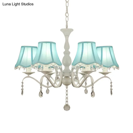 Contemporary 6-Light Pink/Blue Scalloped Fabric Pendant Chandelier With Crystal Droplet