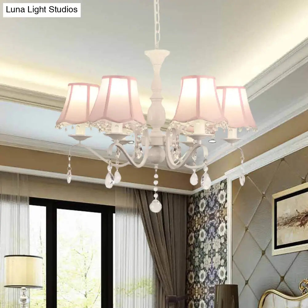 Contemporary 6-Light Scalloped Fabric Pendant Chandelier In Pink/Blue With Crystal Droplet