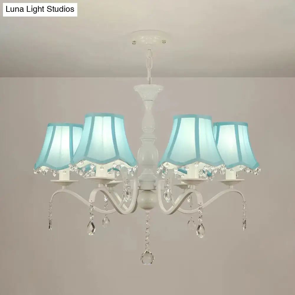 Contemporary 6-Light Pink/Blue Scalloped Fabric Pendant Chandelier With Crystal Droplet