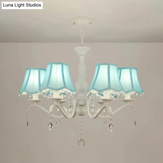 Contemporary 6-Light Pink/Blue Scalloped Fabric Pendant Chandelier With Crystal Droplet