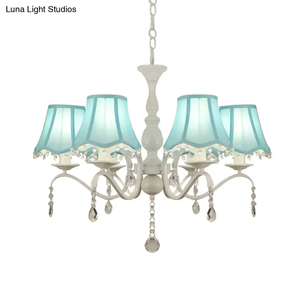 Contemporary 6-Light Scalloped Fabric Pendant Chandelier In Pink/Blue With Crystal Droplet
