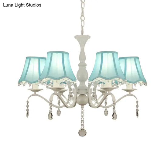 Contemporary 6-Light Scalloped Fabric Pendant Chandelier In Pink/Blue With Crystal Droplet