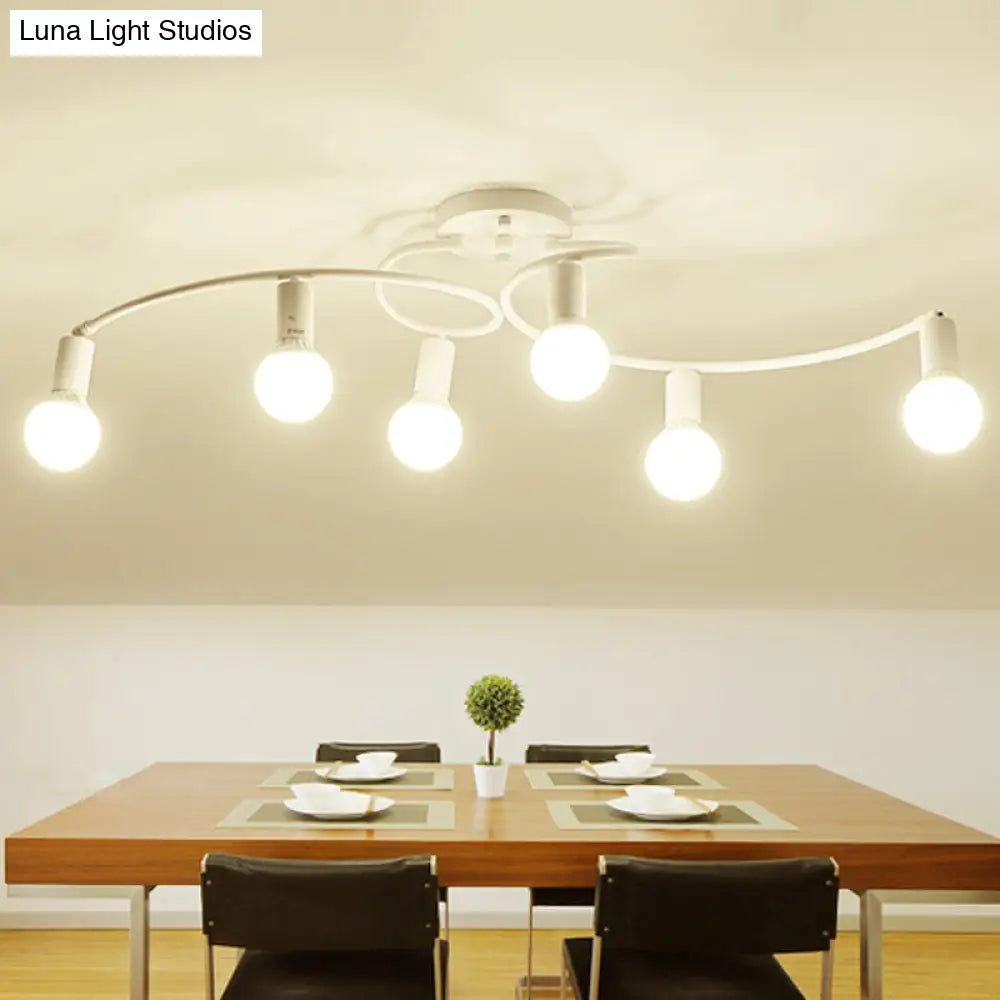 Contemporary 6-Light Semi Flush Light Fixture With Curved Arm And Opal Glass Shade White