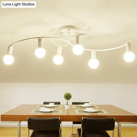 Contemporary 6-Light Semi Flush Light Fixture With Curved Arm And Opal Glass Shade White