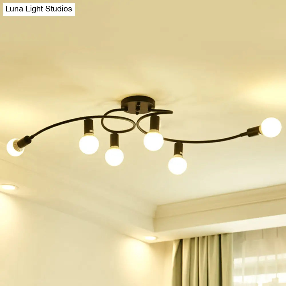 Contemporary 6-Light Semi Flush Light Fixture With Curved Arm And Opal Glass Shade Black
