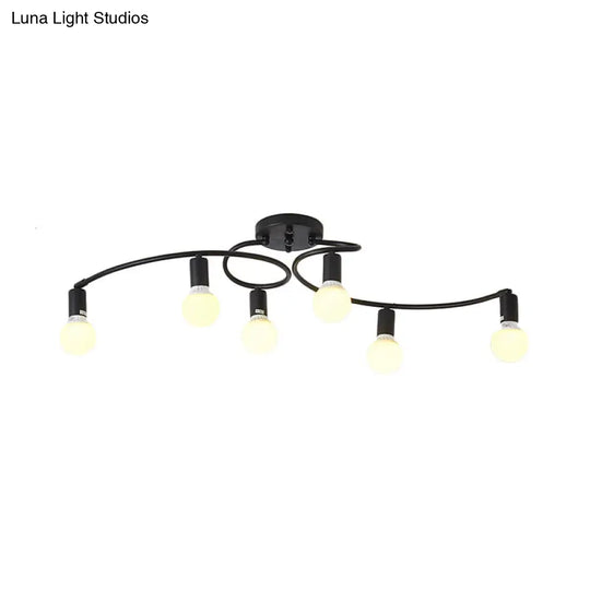 Contemporary 6-Light Semi Flush Light Fixture With Curved Arm And Opal Glass Shade