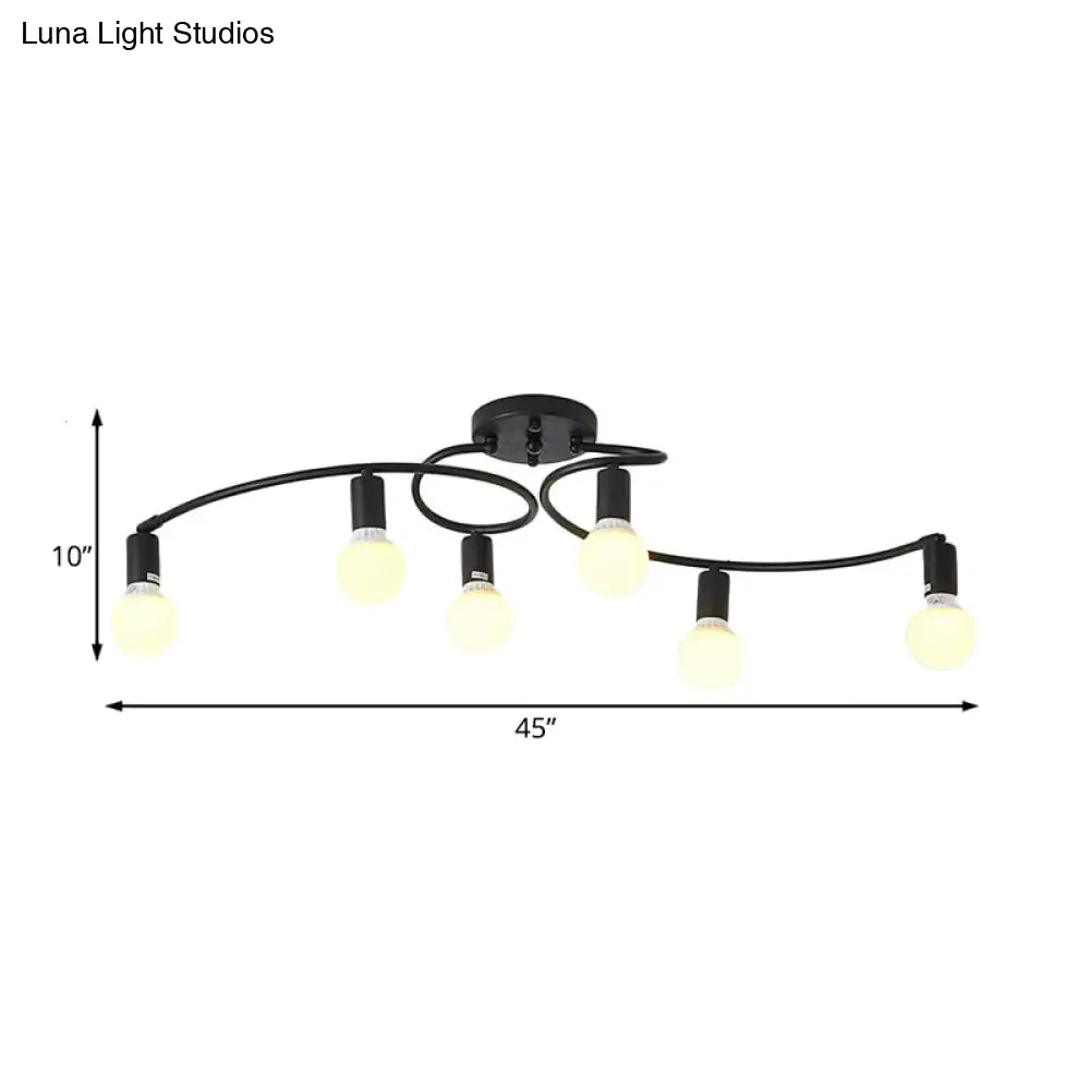 Contemporary 6-Light Semi Flush Light Fixture With Curved Arm And Opal Glass Shade