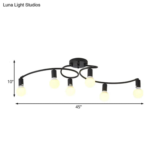 Contemporary 6-Light Semi Flush Light Fixture With Curved Arm And Opal Glass Shade