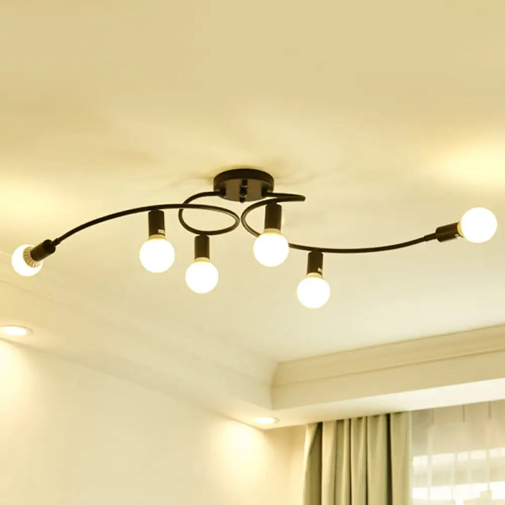 Contemporary 6 - Light Semi Flush Light Fixture With Curved Arm And Opal Glass Shade Black