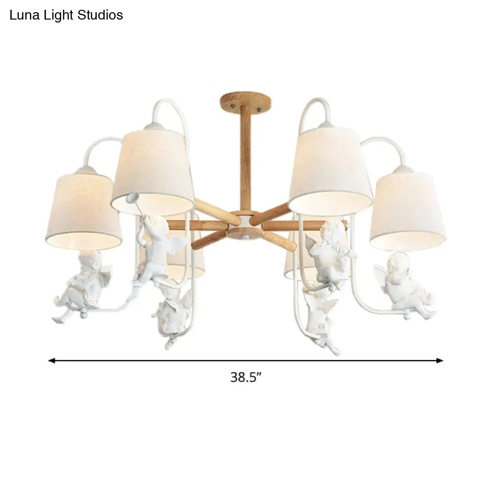 Contemporary White Barrel Chandelier Lamp - 6-Head Fabric Suspension Light With Angel Decoration