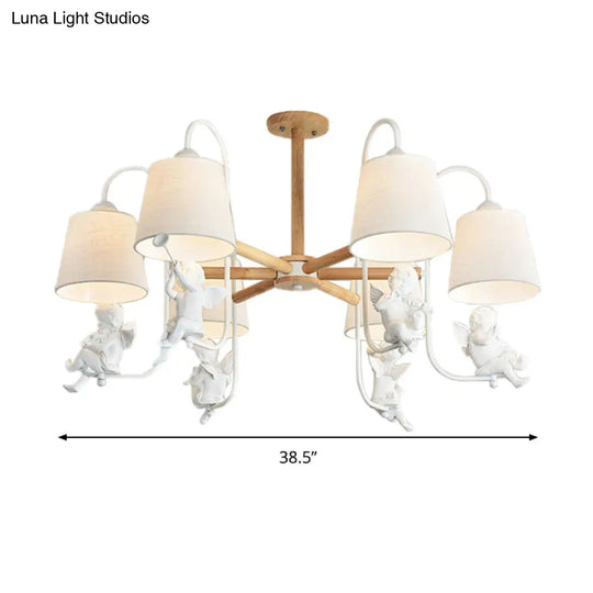 Contemporary White Barrel Chandelier Lamp - 6-Head Fabric Suspension Light With Angel Decoration