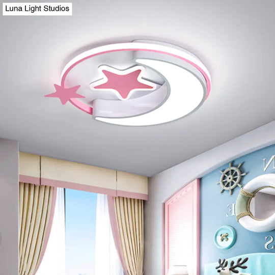 Contemporary Acrylic Flushmount Light For Kids Bedroom - Crescent And Star Design In Pink/Gold/Blue