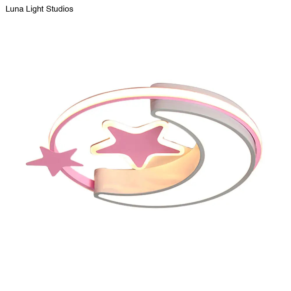 Contemporary Acrylic Flushmount Light For Kids Bedroom - Crescent And Star Design In Pink/Gold/Blue