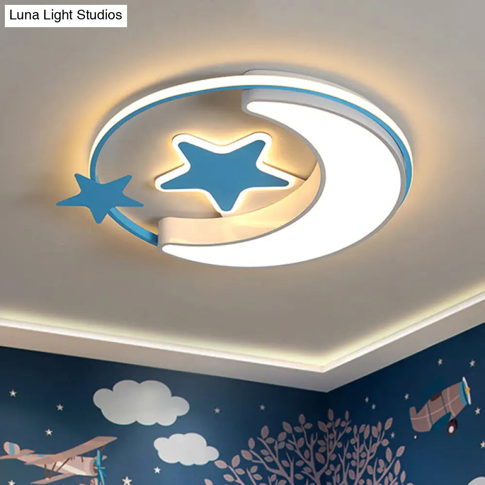 Contemporary Acrylic Flushmount Light For Kids Bedroom - Crescent And Star Design In Pink/Gold/Blue