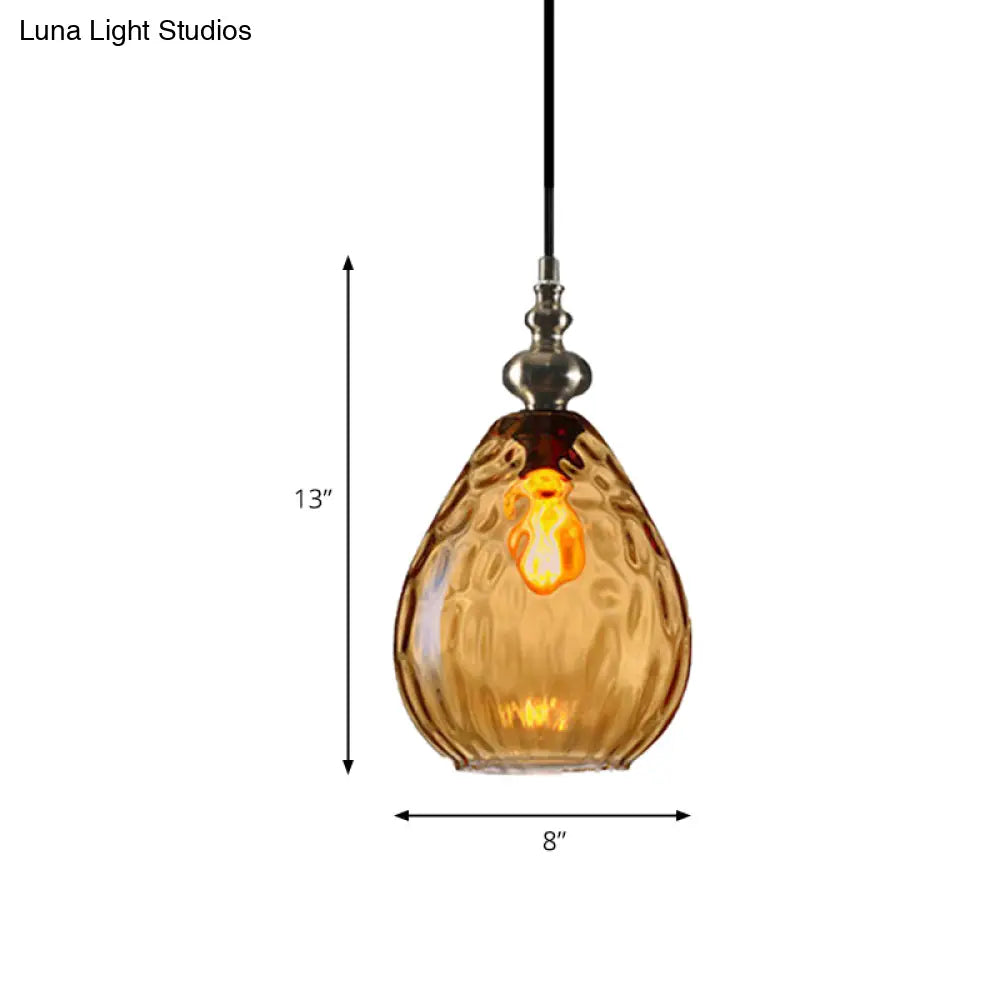 Contemporary Amber/Clear Dimple Glass Water Drop Pendant Lamp - 6/8 Wide 1 Head Bedside Hanging