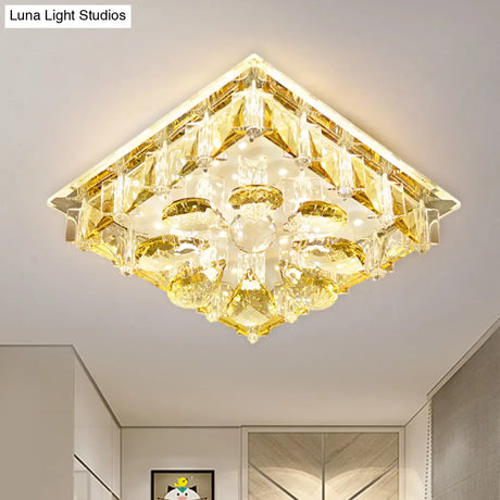 Contemporary Amber Crystal Flushmount Ceiling Lamp - Square Led Light Fixture For Stairs In