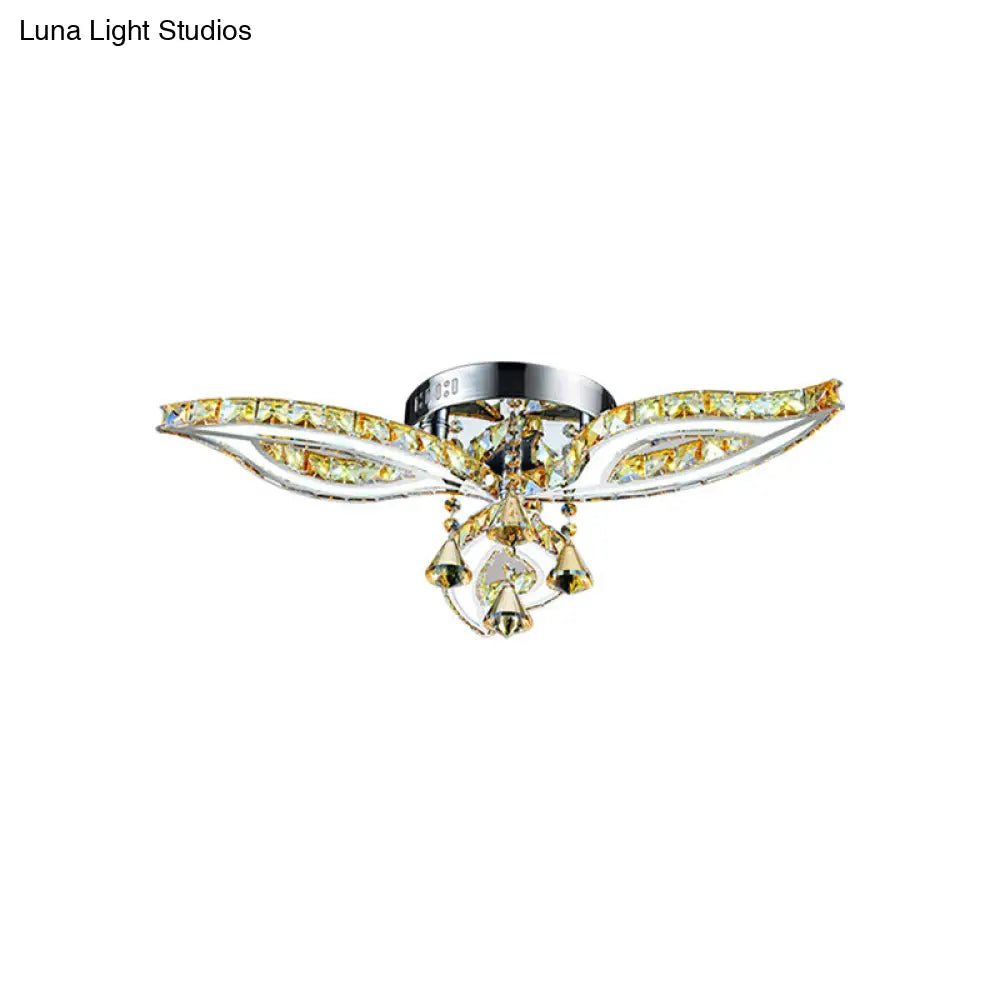 Contemporary Amber Crystal Led Chrome Flushmount - Leaf Bedroom Semi Mount Lighting