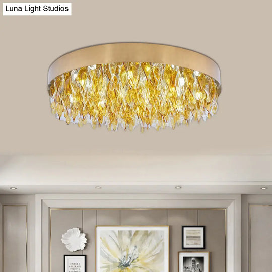 Contemporary Amber Crystal Teardrop Flush Mount Ceiling Fixture - 6 Lights Bedroom Gold
