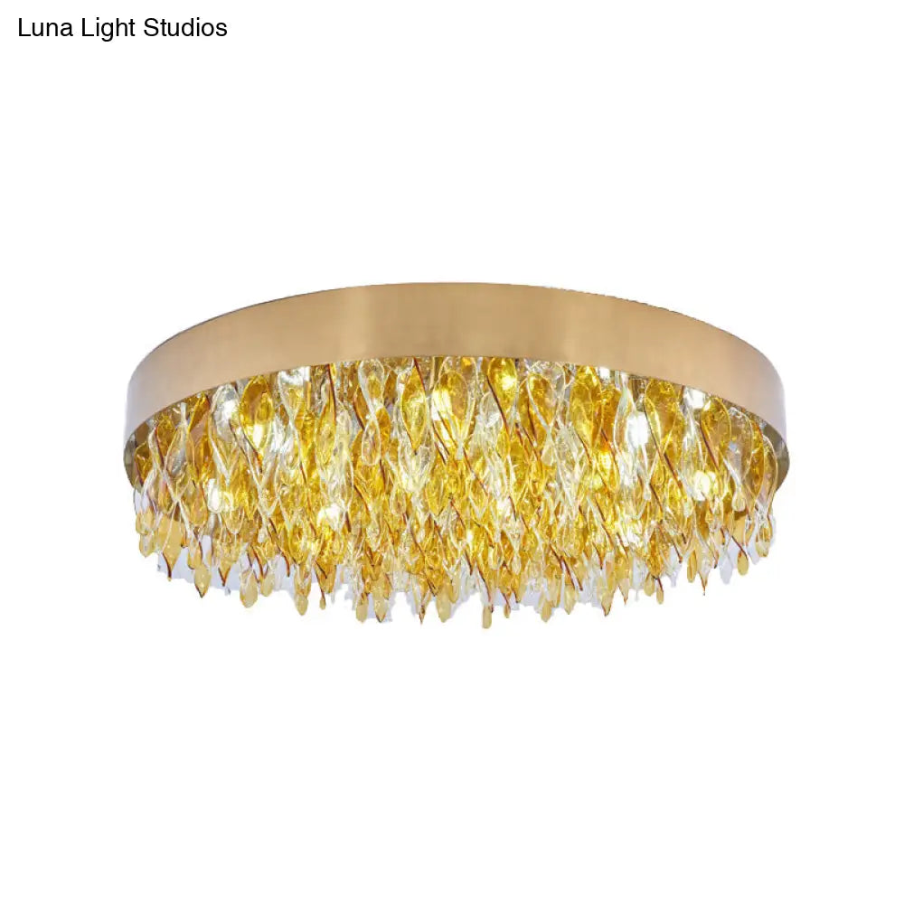 Contemporary Amber Crystal Teardrop Flush Mount Ceiling Fixture - 6 Lights Bedroom Gold