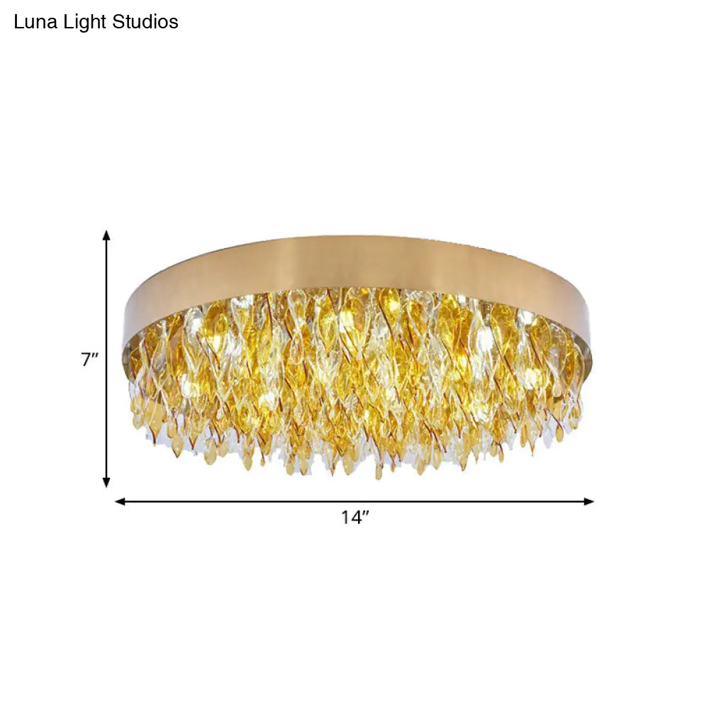 Contemporary Amber Crystal Teardrop Flush Mount Ceiling Fixture - 6 Lights Bedroom Gold