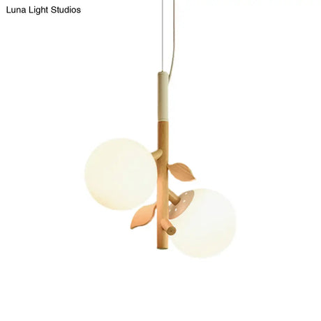 Contemporary Ball Chandelier - White Frosted Glass 2/3 Heads Wood Ceiling Lamp Stylish Dining Room