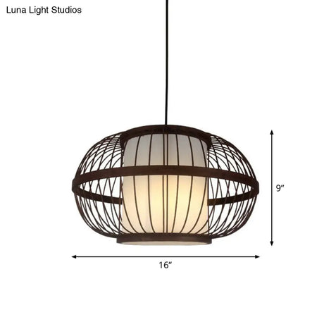 Contemporary Bamboo Cage Hanging Lamp With Coffee Finish And Single Bulb Suspension