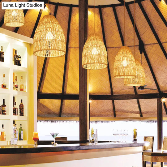 Elongated Cone Pendant Light Kit - Contemporary Bamboo Hanging Lamp Beige 1 Restaurant Or Home Decor
