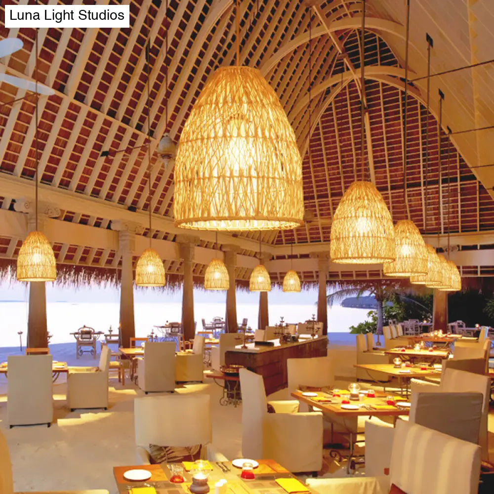 Elongated Cone Pendant Light Kit - Contemporary Bamboo Hanging Lamp Beige 1 Restaurant Or Home Decor