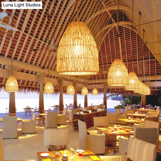 Elongated Cone Pendant Light Kit - Contemporary Bamboo Hanging Lamp Beige 1 Restaurant Or Home Decor