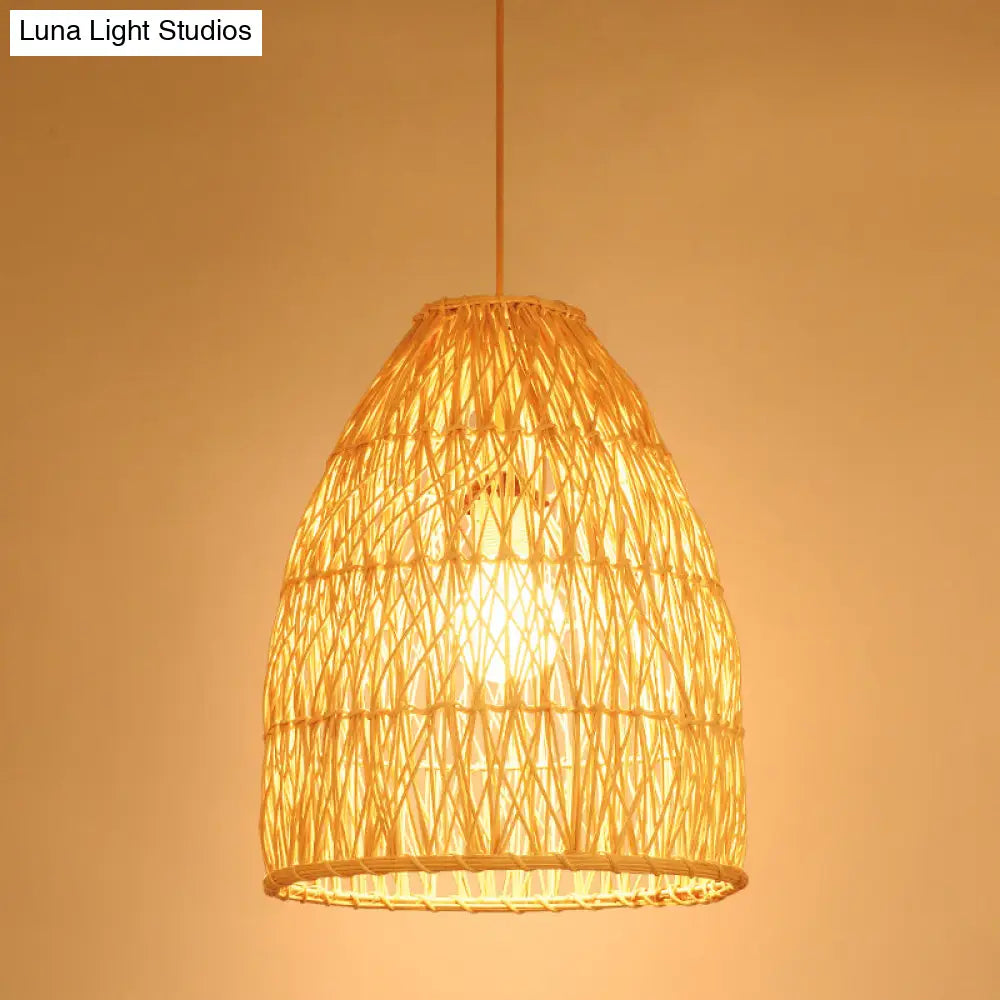 Elongated Cone Pendant Light Kit - Contemporary Bamboo Hanging Lamp Beige 1 Restaurant Or Home Decor