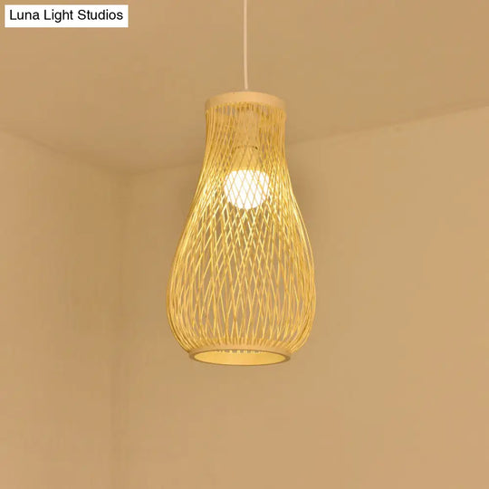 Contemporary Bamboo Pendant Light - Handmade Single-Bulb Wood Fixture / F