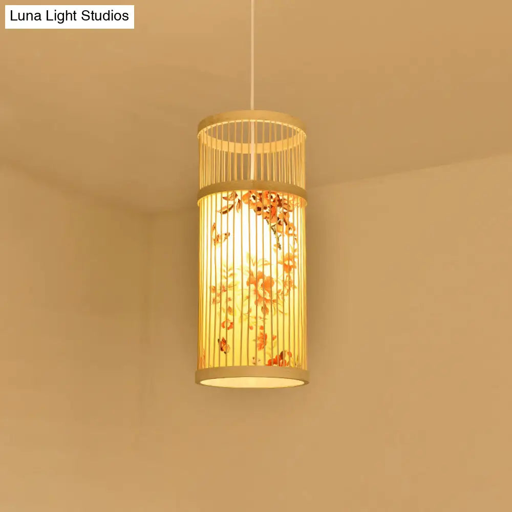 Contemporary Bamboo Pendant Light - Handmade Single-Bulb Wood Fixture / I