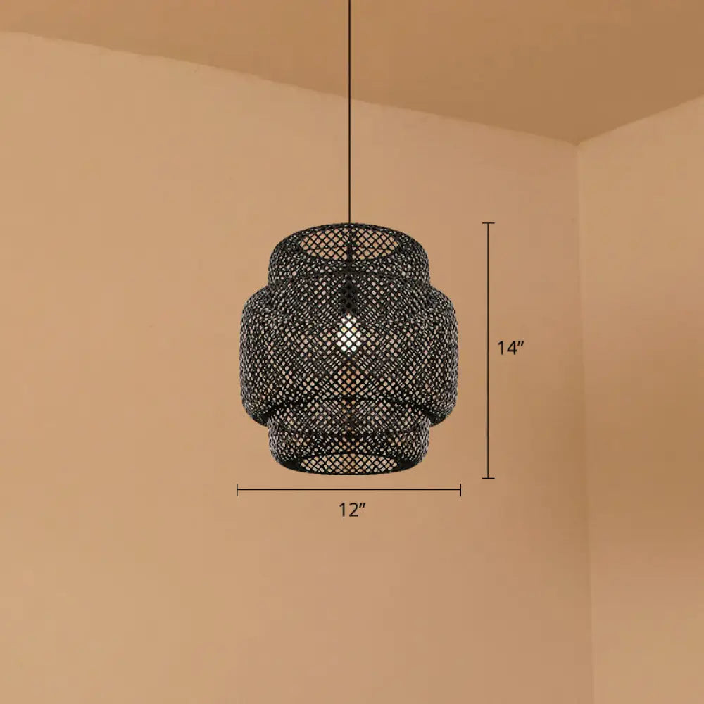 Contemporary Bamboo Pendant Light - Single-Bulb Suspension Fixture For Restaurants Black / 12