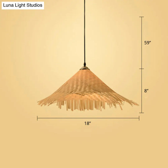 Contemporary Bamboo Pendant Light With Hat Shape: Single-Bulb Wood Suspension Fixture