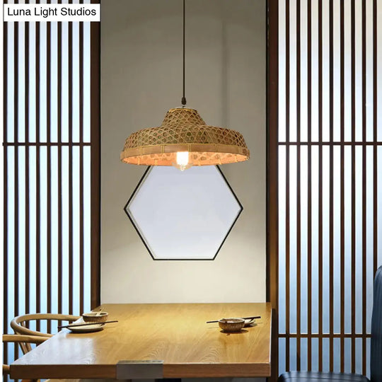 Contemporary Bamboo Pendant Light With Hat Shape: Single-Bulb Wood Suspension Fixture
