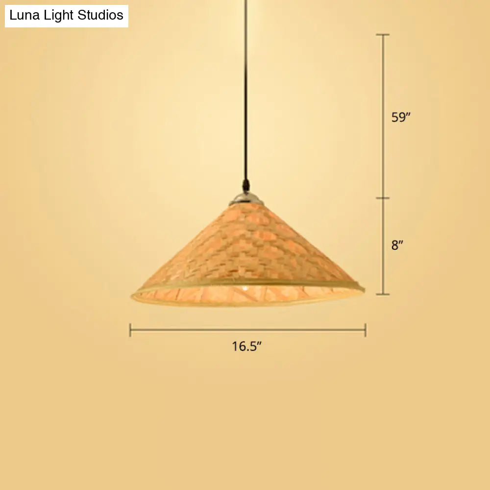 Contemporary Bamboo Pendant Light With Hat Shape: Single-Bulb Wood Suspension Fixture
