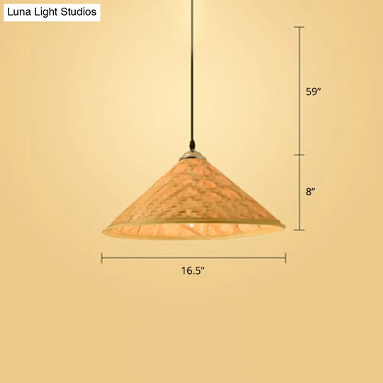 Contemporary Bamboo Pendant Light With Hat Shape: Single-Bulb Wood Suspension Fixture